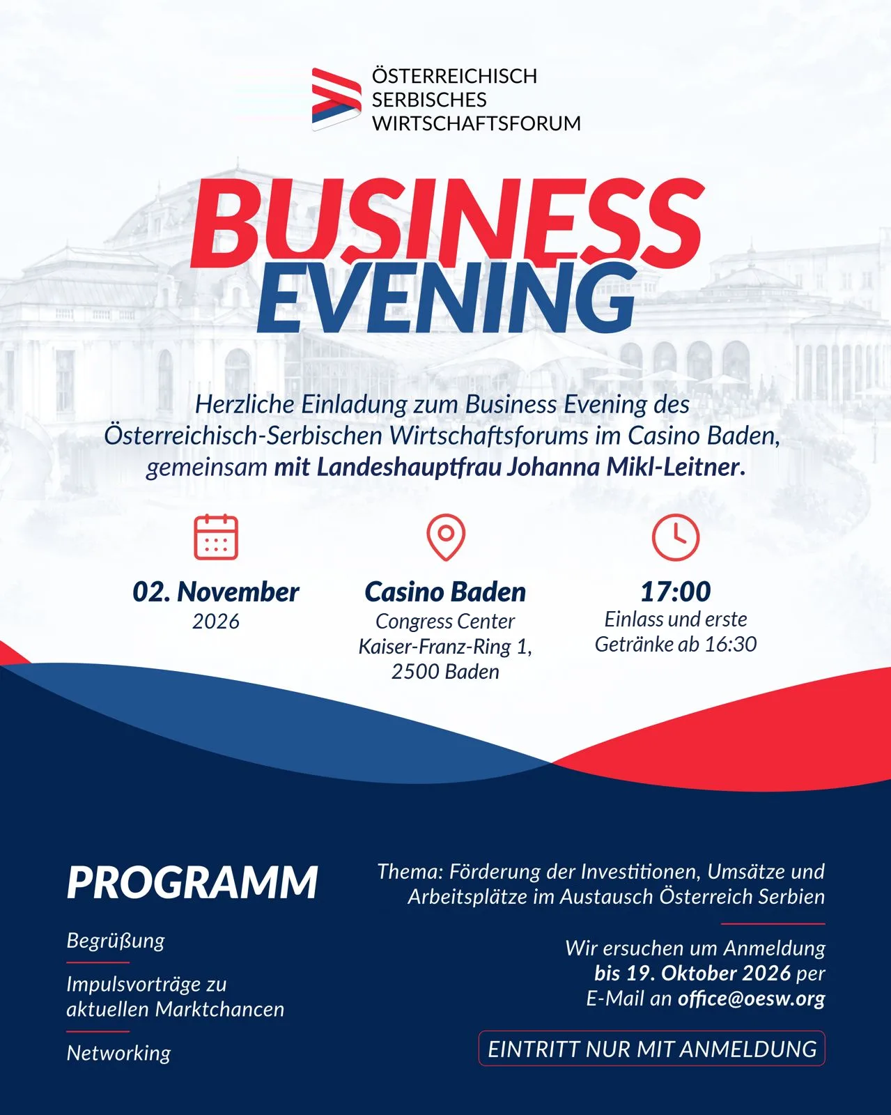 Einladung zum Business Evening am 2. November 2026 im Casino Baden